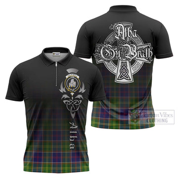 Dalrymple Tartan Zipper Polo Shirt Featuring Alba Gu Brath Family Crest Celtic Inspired