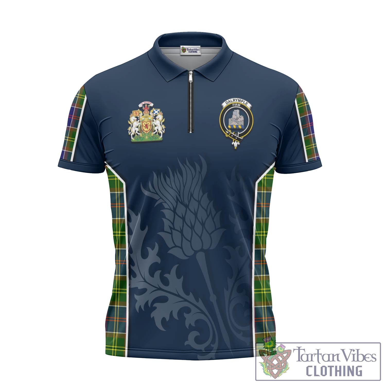 Tartan Vibes Clothing Dalrymple Tartan Zipper Polo Shirt with Family Crest and Scottish Thistle Vibes Sport Style