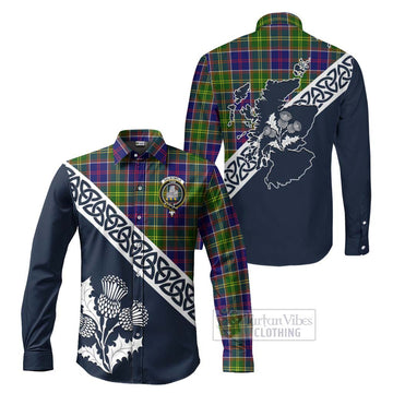 Dalrymple Tartan Long Sleeve Button Shirt Featuring Thistle and Scotland Map