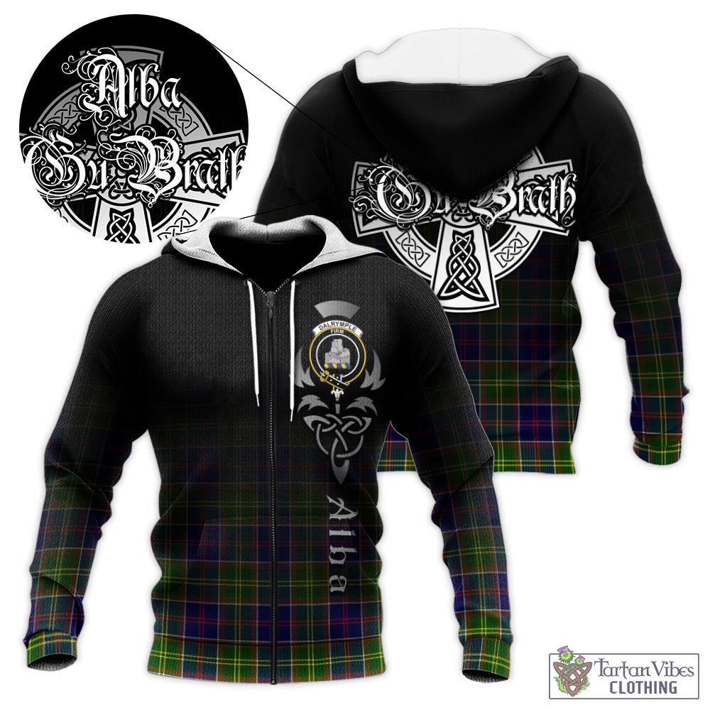 Tartan Vibes Clothing Dalrymple Tartan Knitted Hoodie Featuring Alba Gu Brath Family Crest Celtic Inspired