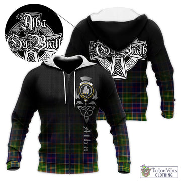 Dalrymple Tartan Knitted Hoodie Featuring Alba Gu Brath Family Crest Celtic Inspired