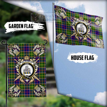 Dalrymple Tartan Flag with Family Crest and Golden Thistle Crossed Sword Design