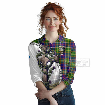 Dalrymple Tartan Women's Casual Shirt with Family Crest and St. Andrew's Cross Accented by Thistle Vines