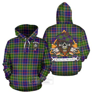 Dalrymple Tartan Hoodie with Family Crest and Bearded Skull Holding Bottles of Whiskey