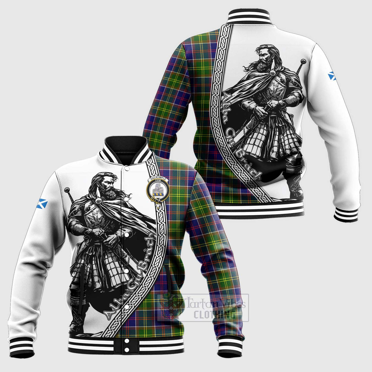 Dalrymple Tartan Clan Crest Baseball Jacket with Highlander Warrior Celtic Style Unisex - Tartan Vibes Clothing