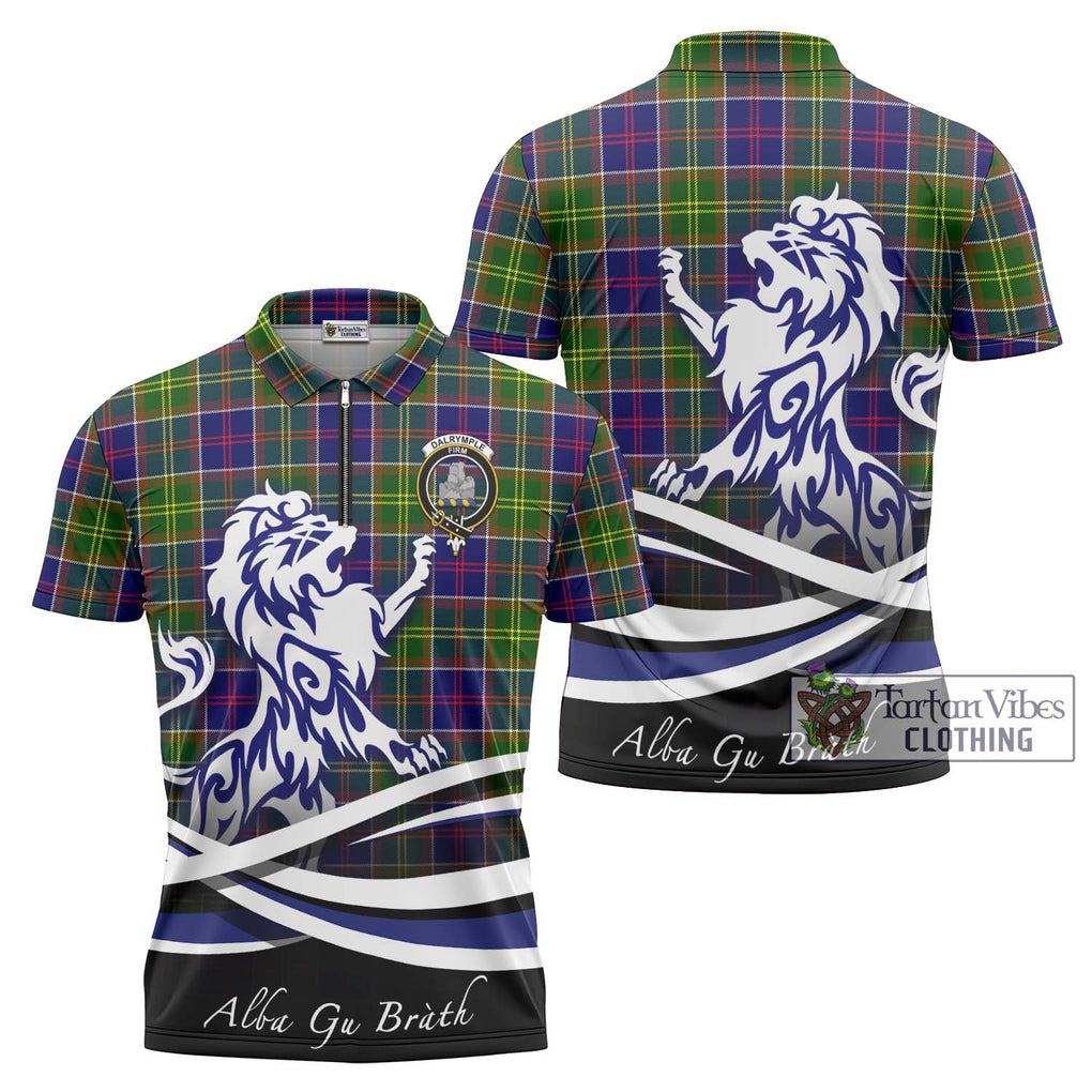 Dalrymple Tartan Zipper Polo Shirt with Alba Gu Brath Regal Lion Emblem Unisex - Tartanvibesclothing Shop