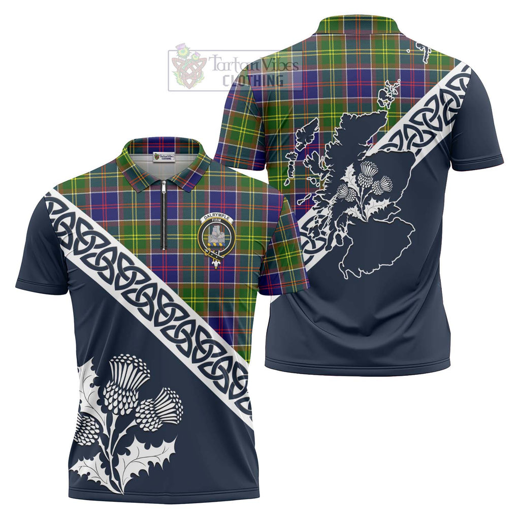 Tartan Vibes Clothing Dalrymple Tartan Zipper Polo Shirt Featuring Thistle and Scotland Map