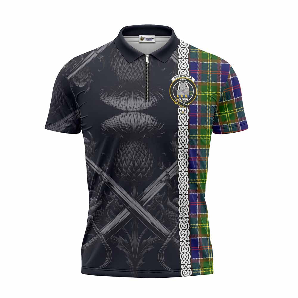 Tartan Vibes Clothing Dalrymple Tartan Zipper Polo Shirt with Family Crest Cross Sword Thistle Celtic Vibes