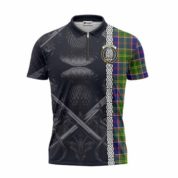 Dalrymple Tartan Zipper Polo Shirt with Family Crest Cross Sword Thistle Celtic Vibes