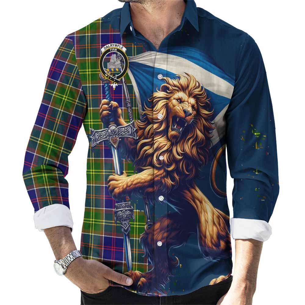 Tartan Vibes Clothing Dalrymple Tartan Family Crest Long Sleeve Button Shirt with Scottish Majestic Lion