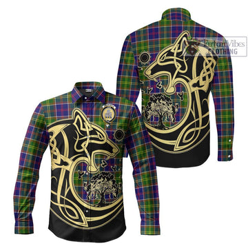 Dalrymple Tartan Long Sleeve Button Shirt with Family Crest Celtic Wolf Style