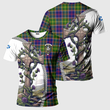 Dalrymple Tartan T-Shirt with Family Crest and St. Andrew's Cross Accented by Thistle Vines