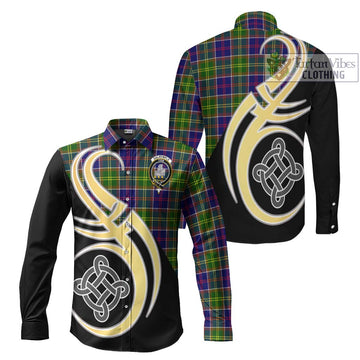 Dalrymple Tartan Long Sleeve Button Shirt with Family Crest and Celtic Symbol Style