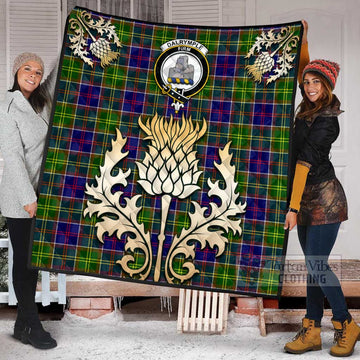 Dalrymple Tartan Quilt with Family Crest and Golden Thistle Style