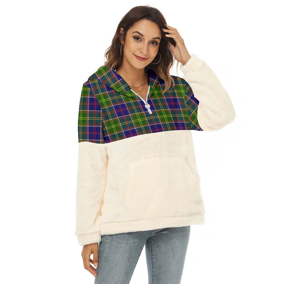 Dalrymple Tartan Women's Borg Fleece Hoodie With Half Zip Female - Tartanvibesclothing