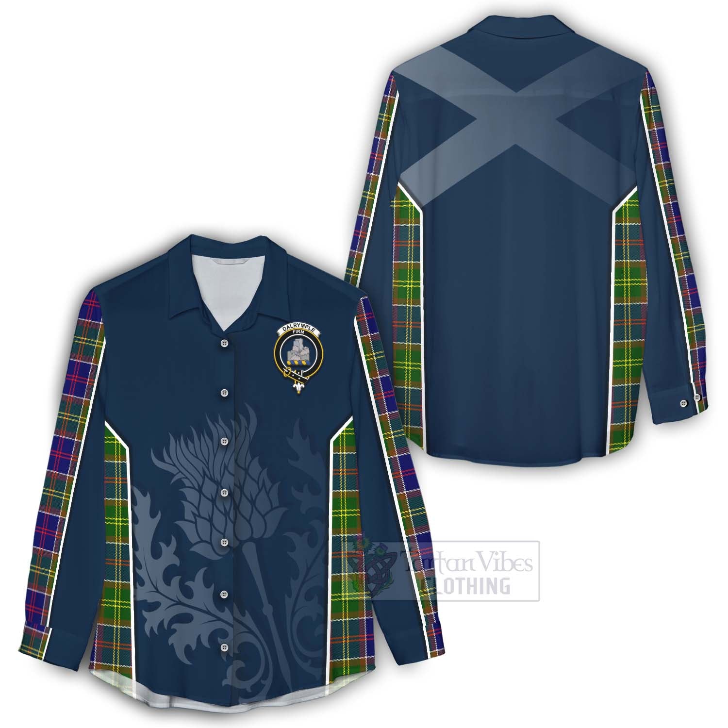 Tartan Vibes Clothing Dalrymple Tartan Women's Casual Shirt with Family Crest and Scottish Thistle Vibes Sport Style