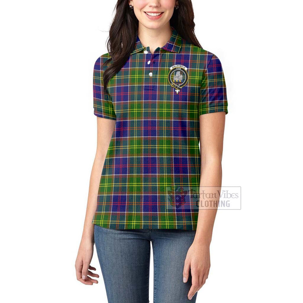 Tartan Vibes Clothing Dalrymple Tartan Women's Polo Shirt with Family Crest and Bearded Skull Holding Bottles of Whiskey