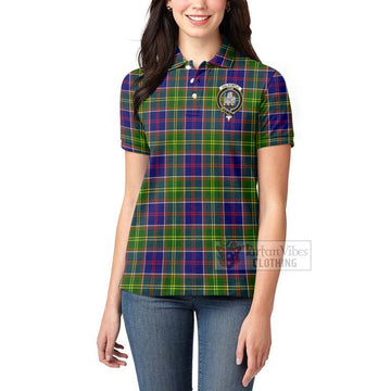 Dalrymple Tartan Women's Polo Shirt with Family Crest and Bearded Skull Holding Bottles of Whiskey