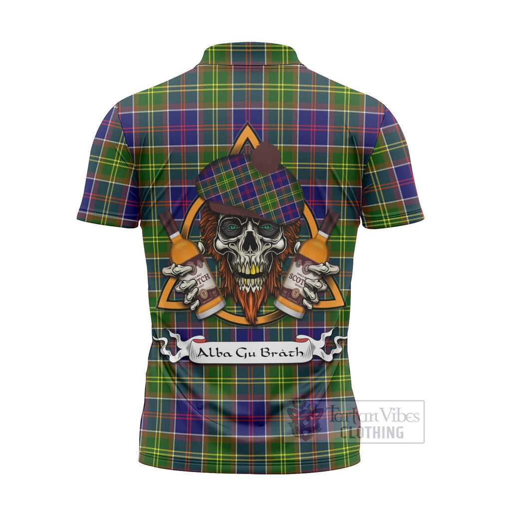 Tartan Vibes Clothing Dalrymple Tartan Zipper Polo Shirt with Family Crest and Bearded Skull Holding Bottles of Whiskey