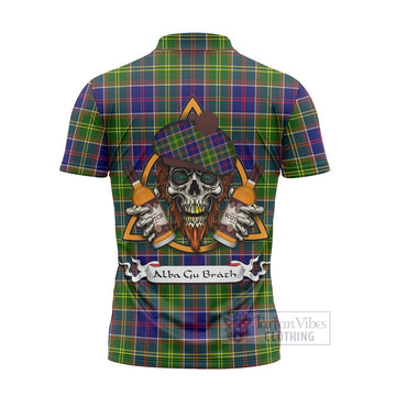 Dalrymple Tartan Zipper Polo Shirt with Family Crest and Bearded Skull Holding Bottles of Whiskey