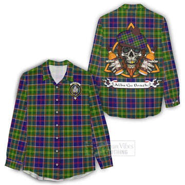 Dalrymple Tartan Women's Casual Shirt with Family Crest and Bearded Skull Holding Bottles of Whiskey