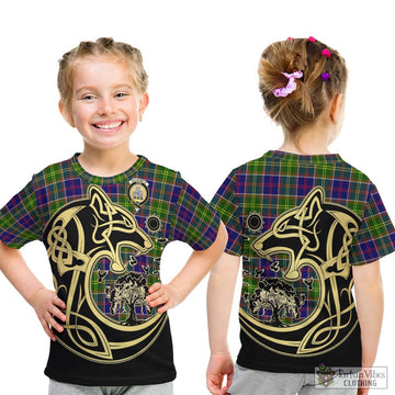 Dalrymple Tartan Kid T-Shirt with Family Crest Celtic Wolf Style