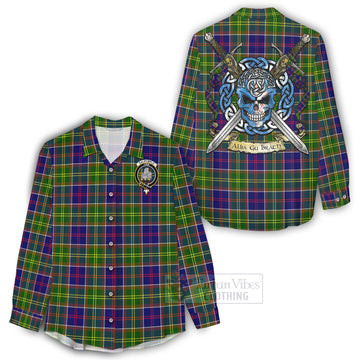 Dalrymple Tartan Women's Casual Shirt with Family Crest Celtic Skull Style