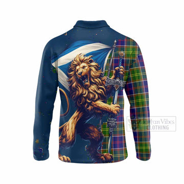 Dalrymple Tartan Family Crest Long Sleeve Polo Shirt with Scottish Majestic Lion - Tartan Vibes Clothing