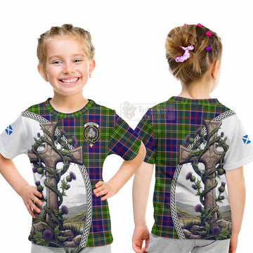 Dalrymple Tartan Kid T-Shirt with Family Crest and St. Andrew's Cross Accented by Thistle Vines