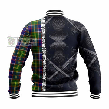 Dalrymple Tartan Baseball Jacket with Family Crest Cross Sword Thistle Celtic Vibes - Tartan Vibes Clothing