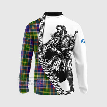 Dalrymple Tartan Clan Crest Long Sleeve Polo Shirt with Highlander Warrior Celtic Style - Tartan Vibes Clothing