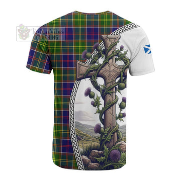 Dalrymple Tartan Cotton T-shirt with Family Crest and St. Andrew's Cross Accented by Thistle Vines