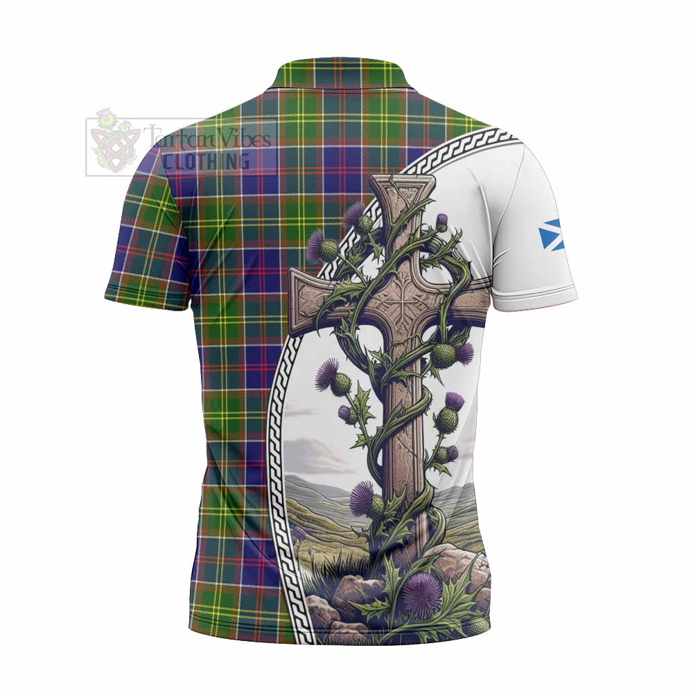 Tartan Vibes Clothing Dalrymple Tartan Zipper Polo Shirt with Family Crest and St. Andrew's Cross Accented by Thistle Vines