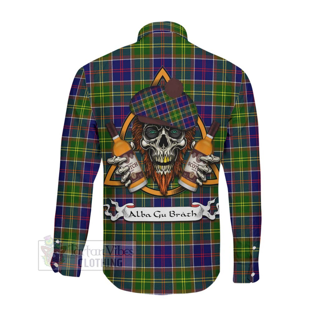 Tartan Vibes Clothing Dalrymple Tartan Long Sleeve Button Shirt with Family Crest and Bearded Skull Holding Bottles of Whiskey