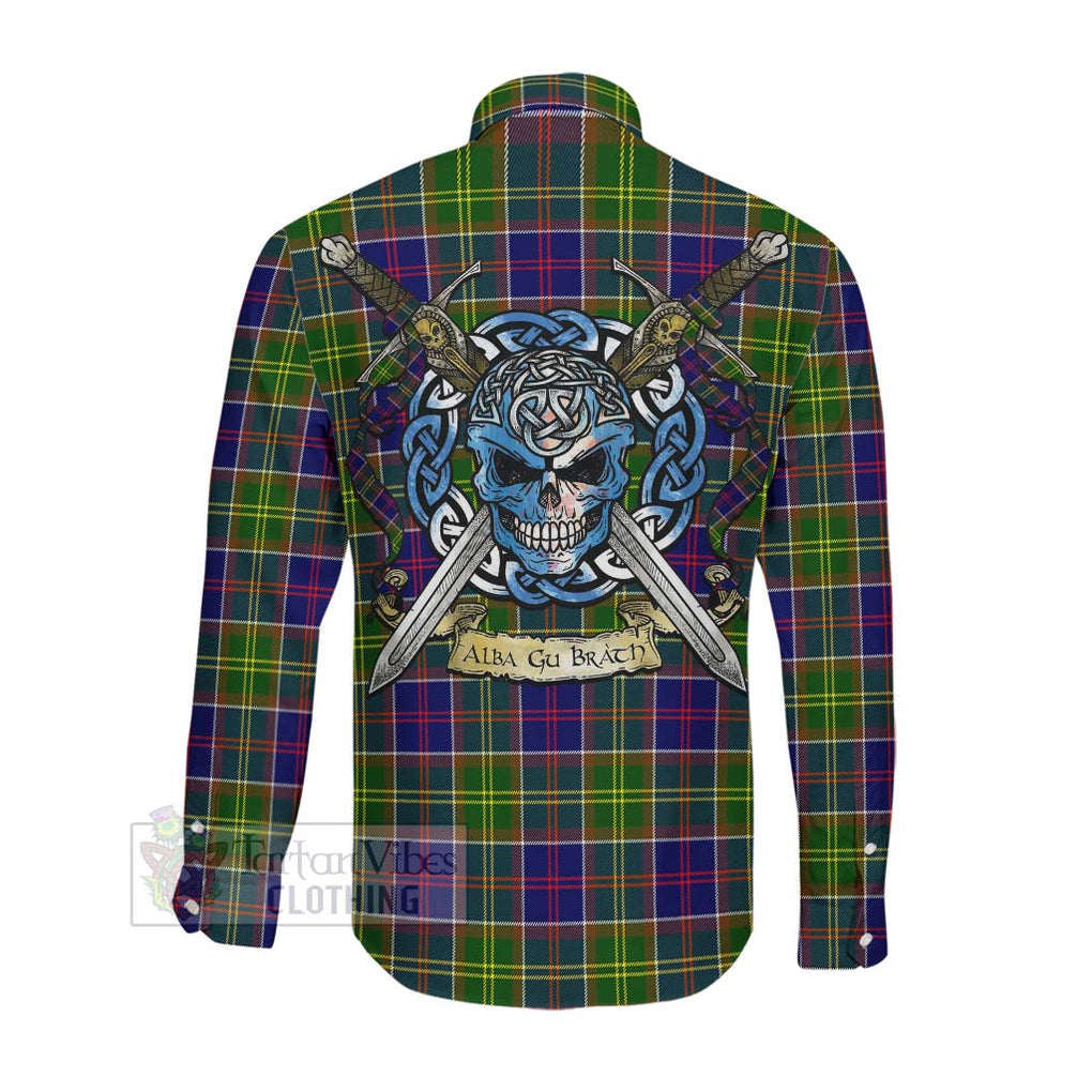 Tartan Vibes Clothing Dalrymple Tartan Long Sleeve Button Shirt with Family Crest Celtic Skull Style