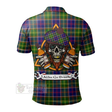 Dalrymple Tartan Polo Shirt with Family Crest and Bearded Skull Holding Bottles of Whiskey