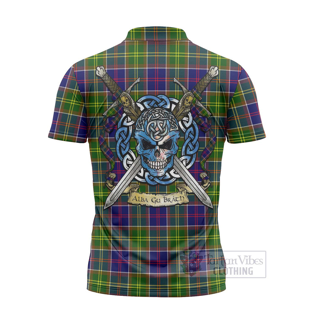 Tartan Vibes Clothing Dalrymple Tartan Zipper Polo Shirt with Family Crest Celtic Skull Style