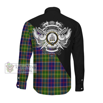 Dalrymple Tartan Long Sleeve Button Shirt with Family Crest and Military Logo Style