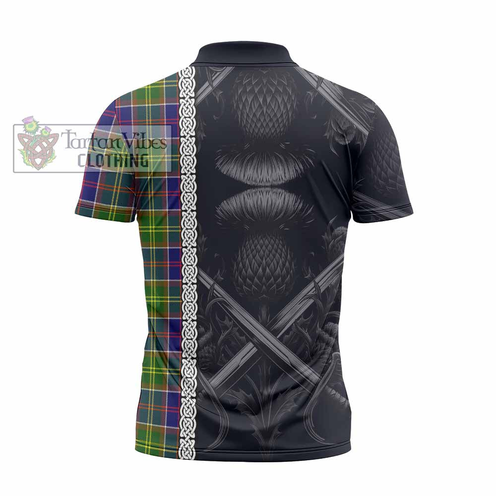 Tartan Vibes Clothing Dalrymple Tartan Zipper Polo Shirt with Family Crest Cross Sword Thistle Celtic Vibes