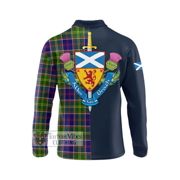 Dalrymple Tartan Long Sleeve Polo Shirt Alba with Scottish Lion Royal Arm Half Style - Tartan Vibes Clothing