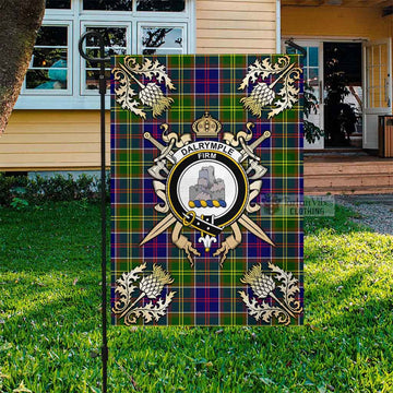 Dalrymple Tartan Flag with Family Crest and Golden Thistle Crossed Sword Design