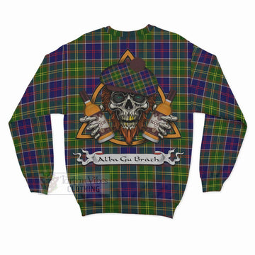 Dalrymple Tartan Sweatshirt with Family Crest and Bearded Skull Holding Bottles of Whiskey - Tartan Vibes Clothing