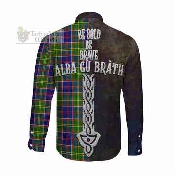 Dalrymple Tartan Family Crest Long Sleeve Button Shirt Alba Gu Brath Be Brave Lion Ancient Style Men's Shirt - Tartan Vibes Clothing