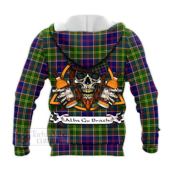 Dalrymple Tartan Knitted Hoodie with Family Crest and Bearded Skull Holding Bottles of Whiskey