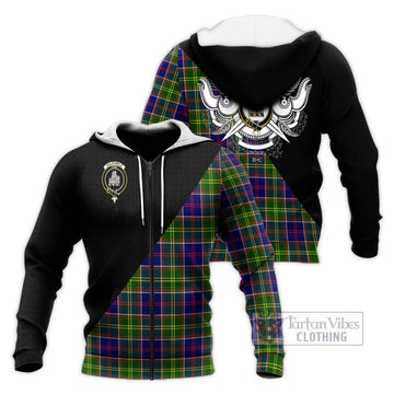 Dalrymple Tartan Knitted Hoodie with Family Crest and Military Logo Style