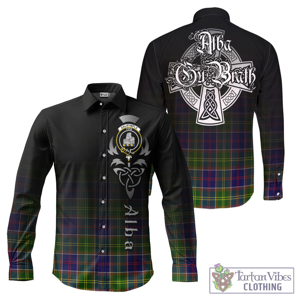 Tartan Vibes Clothing Dalrymple Tartan Long Sleeve Button Up Featuring Alba Gu Brath Family Crest Celtic Inspired