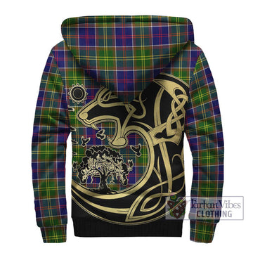 Dalrymple Tartan Sherpa Hoodie with Family Crest Celtic Wolf Style