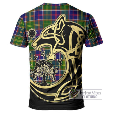 Dalrymple Tartan T-Shirt with Family Crest Celtic Wolf Style