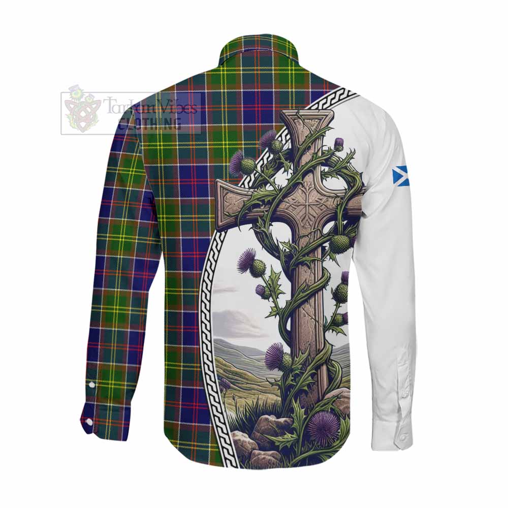 Tartan Vibes Clothing Dalrymple Tartan Long Sleeve Button Shirt with Family Crest and St. Andrew's Cross Accented by Thistle Vines