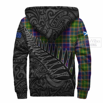 Dalrymple Crest Tartan Sherpa Hoodie with New Zealand Silver Fern Half Style - Tartan Vibes Clothing